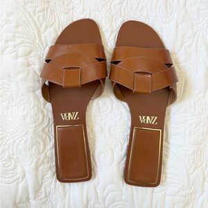 Zara Leather Criss-Cross Flat Sandals – Camel Brown | EU 40